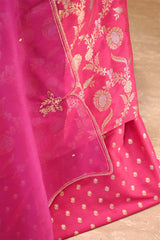 Fuchsia Pink Banarasi Silk Suit Set with Gold & Silver Zari and Organza Dupatta