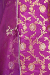Magenta Banarasi Silk Suit Set with Gold & Silver Zari and Organza Dupatta