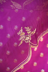 Magenta Banarasi Silk Suit Set with Gold & Silver Zari and Organza Dupatta