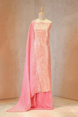 Baby Pink Banarasi Silk Unstitched Suit Set with Organza Dupatta