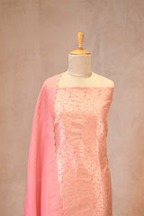 Baby Pink Banarasi Silk Unstitched Suit Set with Organza Dupatta