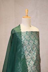 Green Banarasi Silk Unstitched Suit Set with Organza Dupatta