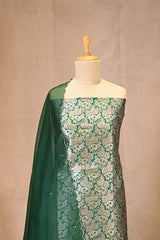 Green Banarasi Silk Unstitched Suit Set with Organza Dupatta