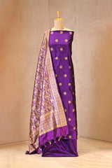 Purple Katan Silk Suit Set with Gold Zari Peacock & Floral Brocade