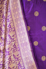 Purple Katan Silk Suit Set with Gold Zari Peacock & Floral Brocade