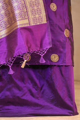 Purple Katan Silk Suit Set with Gold Zari Peacock & Floral Brocade