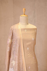 Apricot Brown Mulmul Cotton Suit Set with Leaf Applique & Floral Dupatta
