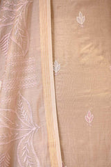 Apricot Brown Mulmul Cotton Suit Set with Leaf Applique & Floral Dupatta