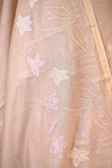 Apricot Brown Mulmul Cotton Suit Set with Leaf Applique & Floral Dupatta