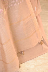 Apricot Brown Mulmul Cotton Suit Set with Leaf Applique & Floral Dupatta