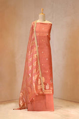 Peach Organza Silk Suit Set with Gold & Silver Zari Floral Buti