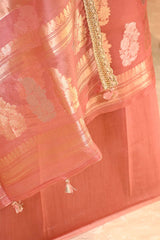 Peach Organza Silk Suit Set with Gold & Silver Zari Floral Buti