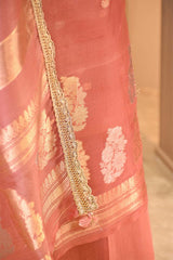 Peach Organza Silk Suit Set with Gold & Silver Zari Floral Buti