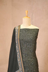 Charcoal Grey Mulmul Cotton Suit Set with Floral Screen Print & Mirror Work