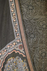 Charcoal Grey Mulmul Cotton Suit Set with Floral Screen Print & Mirror Work