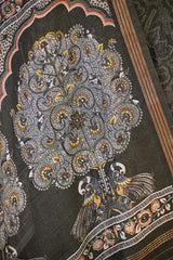 Charcoal Grey Mulmul Cotton Suit Set with Floral Screen Print & Mirror Work