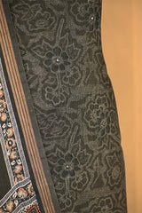 Charcoal Grey Mulmul Cotton Suit Set with Floral Screen Print & Mirror Work