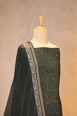 Charcoal Grey Mulmul Cotton Suit Set with Floral Screen Print & Mirror Work