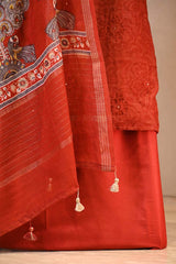 Red Mulmul Cotton Suit Set with Floral Screen Print & Mirror Work