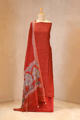 Red Mulmul Cotton Suit Set with Floral Screen Print & Mirror Work
