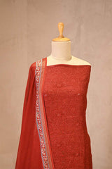 Red Mulmul Cotton Suit Set with Floral Screen Print & Mirror Work