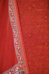 Red Mulmul Cotton Suit Set with Floral Screen Print & Mirror Work
