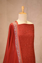 Red Mulmul Cotton Suit Set with Floral Screen Print & Mirror Work