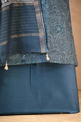 Blue Mulmul Cotton Suit Set with Floral Screen Print & Mirror Work