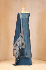 Blue Mulmul Cotton Suit Set with Floral Screen Print & Mirror Work