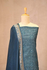 Blue Mulmul Cotton Suit Set with Floral Screen Print & Mirror Work