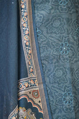 Blue Mulmul Cotton Suit Set with Floral Screen Print & Mirror Work
