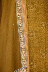 Mustard Mulmul Cotton Suit Set with Floral Screen Print & Mirror Work