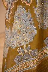 Mustard Mulmul Cotton Suit Set with Floral Screen Print & Mirror Work