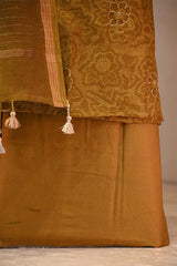 Mustard Mulmul Cotton Suit Set with Floral Screen Print & Mirror Work