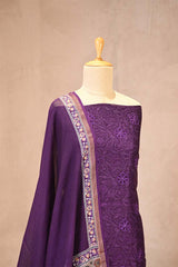 Purple Mulmul Cotton Suit Set with Floral Screen Print & Mirror Work