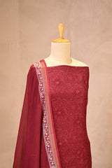 Maroon Mulmul Cotton Suit Set with Floral Screen Print & Mirror Work