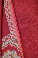 Maroon Mulmul Cotton Suit Set with Floral Screen Print & Mirror Work