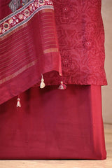 Maroon Mulmul Cotton Suit Set with Floral Screen Print & Mirror Work
