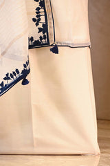 White Cotton Kurta Set with Navy Blue Applique Motif