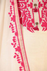White Cotton Kurta Set with Pink Applique Motif