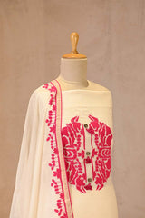 White Cotton Kurta Set with Pink Applique Motif