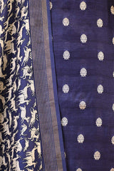 Navy Blue Chanderi Silk Suit Set with Watergold Zari Floral Buti & Shikargah Dupatta