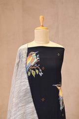 Black Cotton Kurta Set with Bird Motif Appliqué