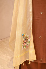 Brown Kurta Set with Bird Motif Applique