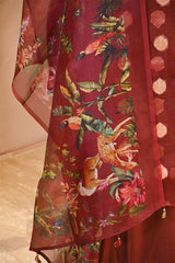 Cocoa Brown Organza Silk Suit Set with Gold Zari Woven Buta & Digital Printed Dupatta
