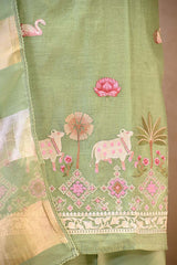 Mint Green Pichwai Motif Suit Set with Organza Dupatta