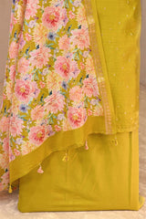Chartreuse Green Chanderi Silk Suit Set with Floral Dupatta