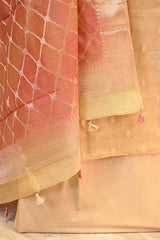 Sand Beige Chanderi Silk Suit Set with Gold Zari Floral Kurta & Shaded Dupatta