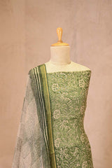 Green Mulmul Cotton Unstitched Suit Set with Floral Kurta & Shaded Dupatta