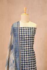 Blue Mulmul Cotton Unstitched Suit Set with Polka Dot Kurta & Shaded Dupatta